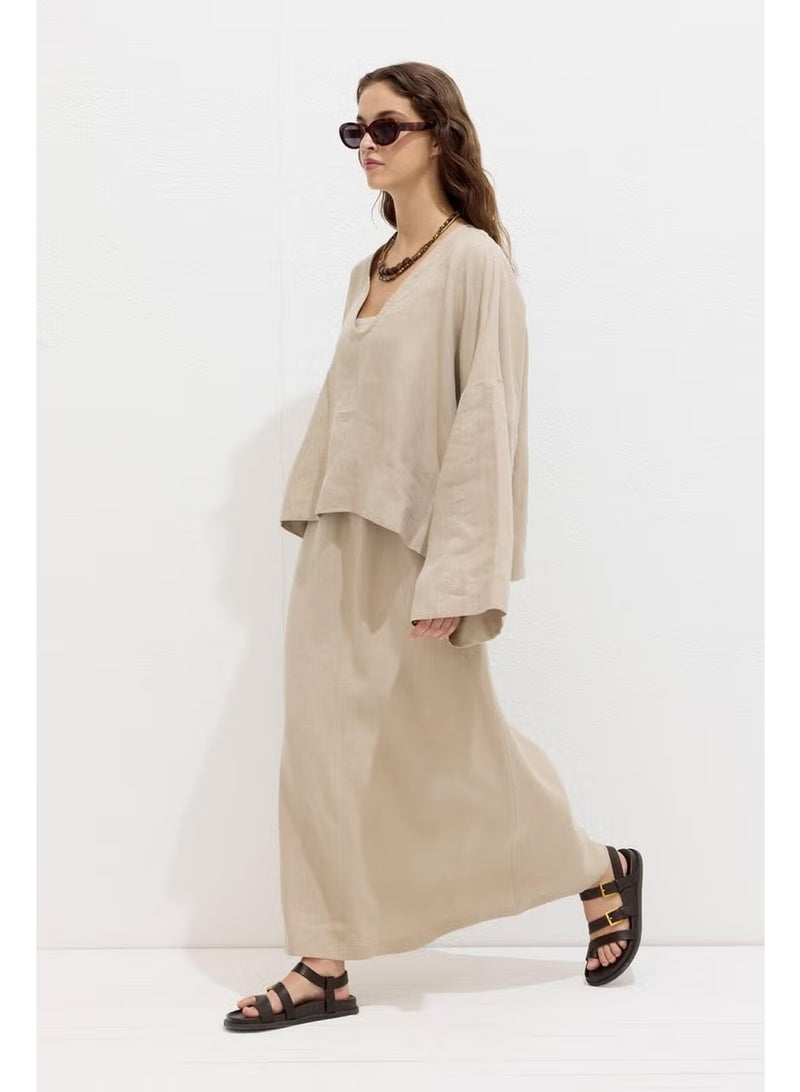 Manuka Premium V-Neck Linen Blouse Sand - Image 3